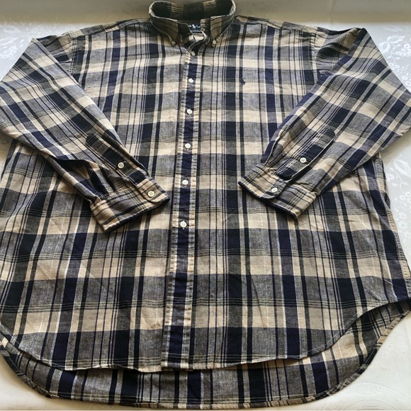 Ralph Lauren Men’s Size XL Blaire Navy/Tan Plaid Dress Linen Shirt Long Sleeves - Picture 14 of 14